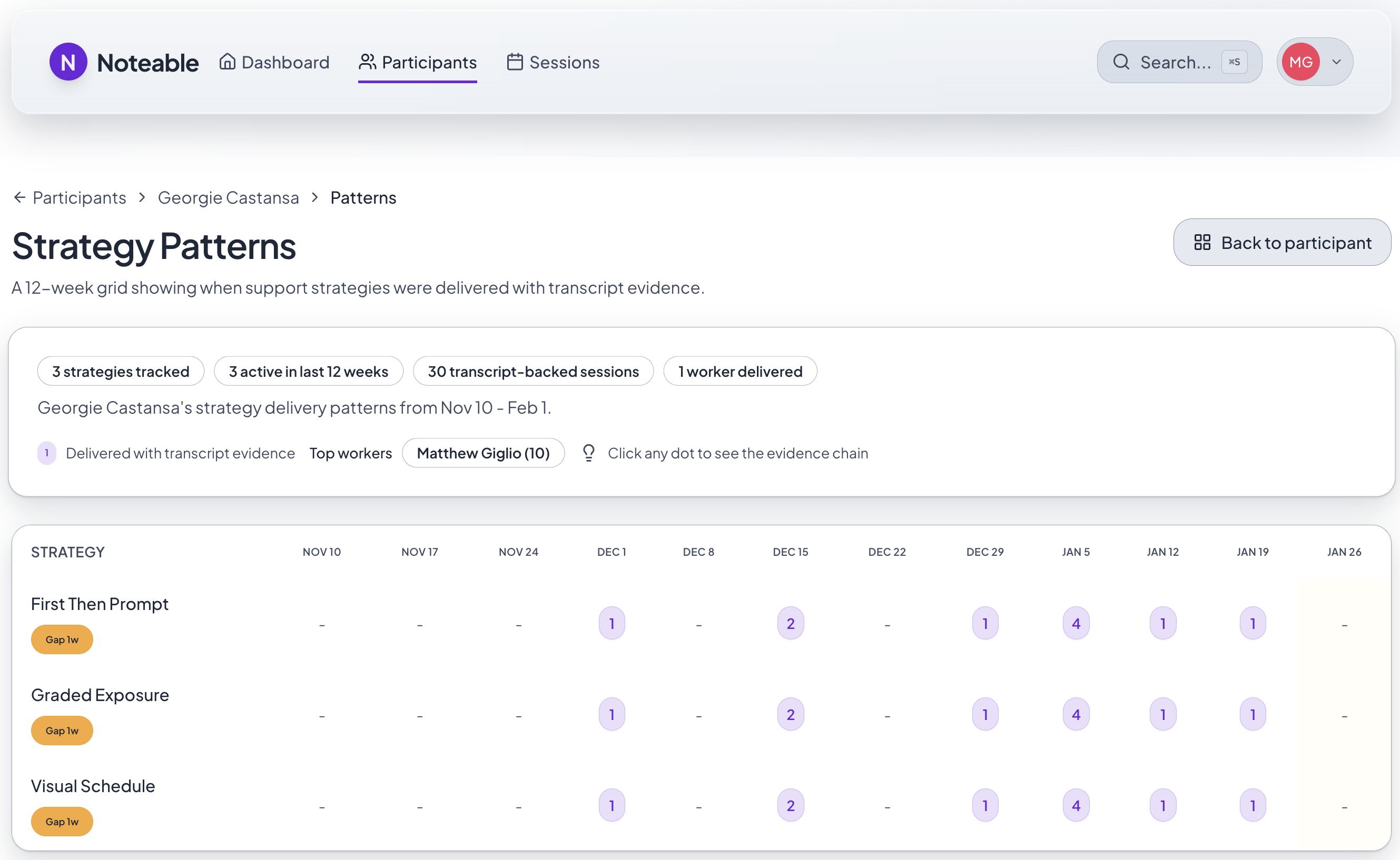 Strategy Patterns grid showing week-by-week strategy delivery with transcript evidence